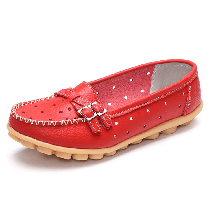 Women Flat Hollow Out Casual Soft Leather Slip on round Toe Loafers - MRSLM