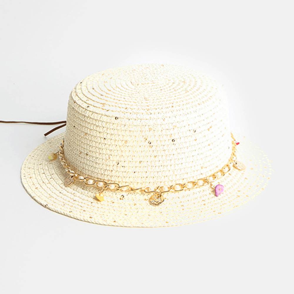 Women Sunscreen Summer Outdoor Casual Pearl Decoration Sun Hat Straw Hat - MRSLM