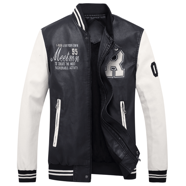 Men'S Motorcycle Style PU Leather Patchwork Badge Decoration Slim Fit Baseball Jacket