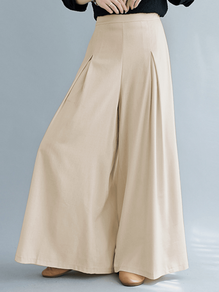 Women's Loose Fit Wide Leg Pants - Solid Color with Pleats, Pockets and Elastic Waist - MRSLM