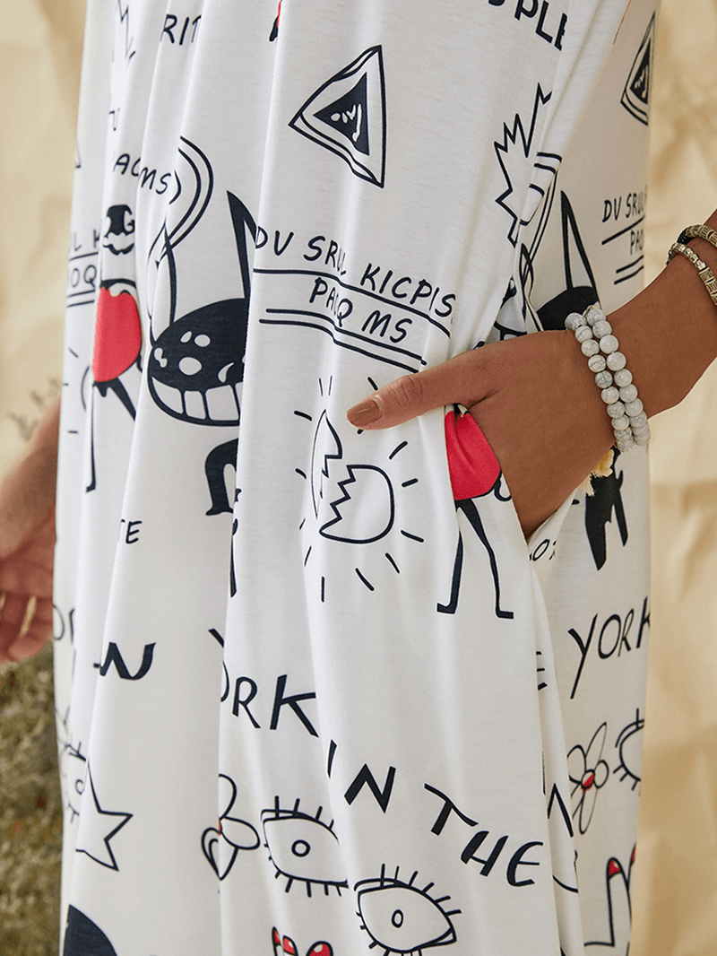 Cartoon Fun Graffiti Print Sleeveless V-Neck Casual Dress with Pocket