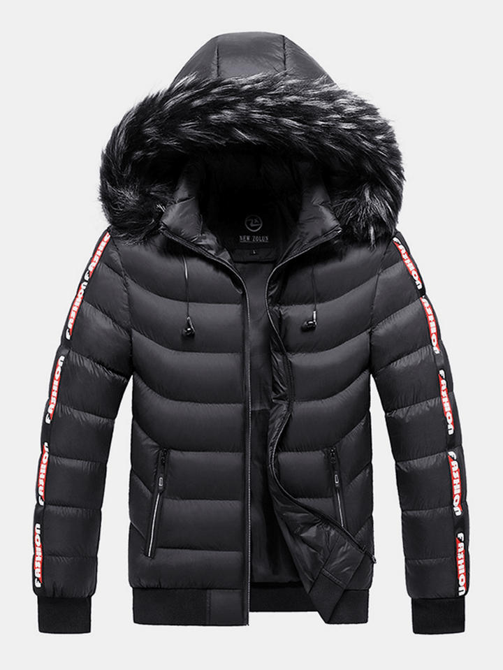 Men Letter Webbing Thick Removable Fur Hooded Zipper Pocket Solid Color down Jacket