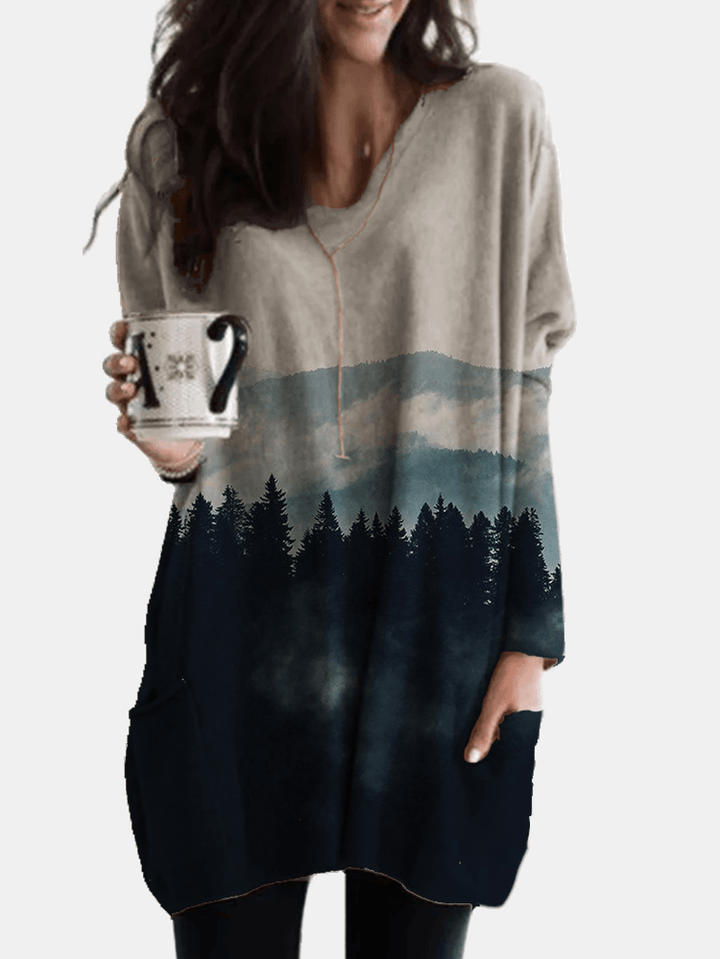 Casual Landscape Printed V-Neck Long Sleeve Side Pocket Blouse for Women