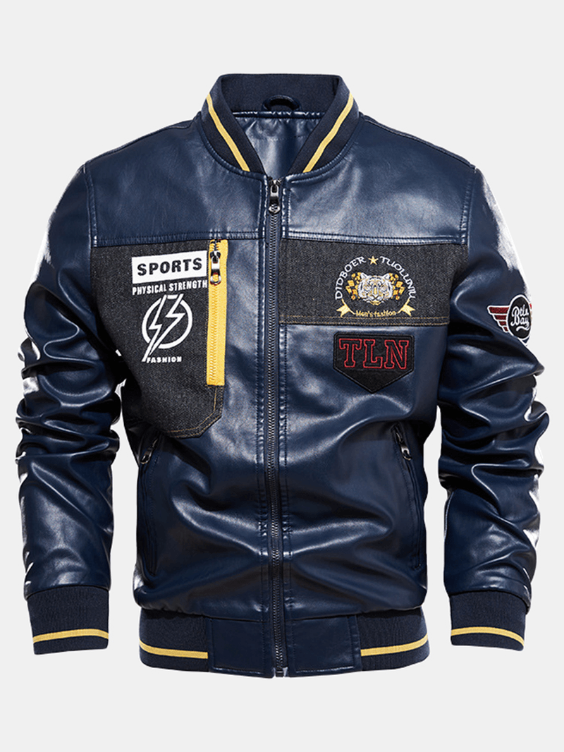 Mens Graphics Embroidery Baseball Collar PU Leather Jacket