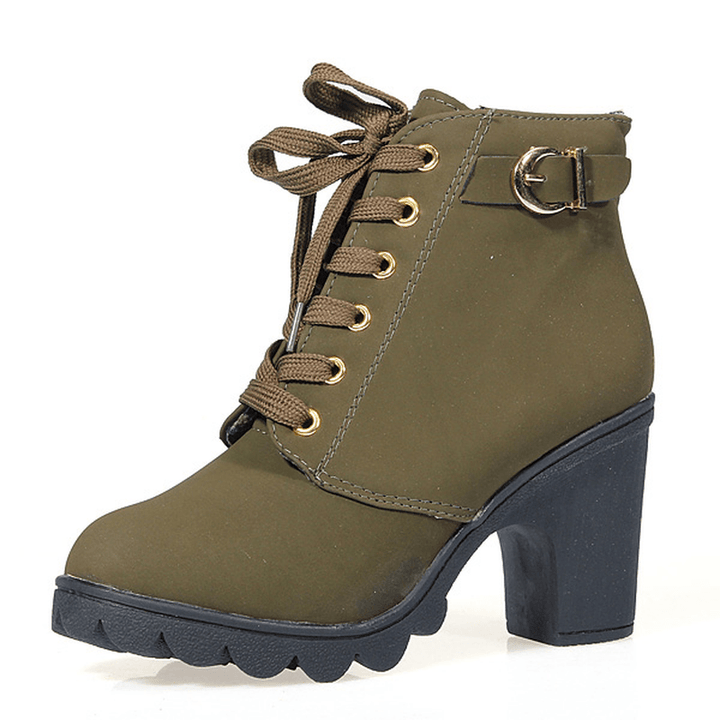 Women Girl High Top Heel Ankle Boots Winter Pumps Lace up Buckle Suede Shoes