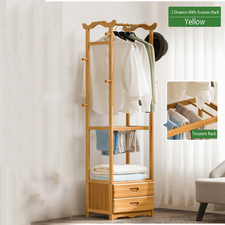 8 Hook Coat Rack 2/3 Drawer Bamboo Wooden Hanging Stand Cloth Trousers Hanger Home Office Storage - MRSLM