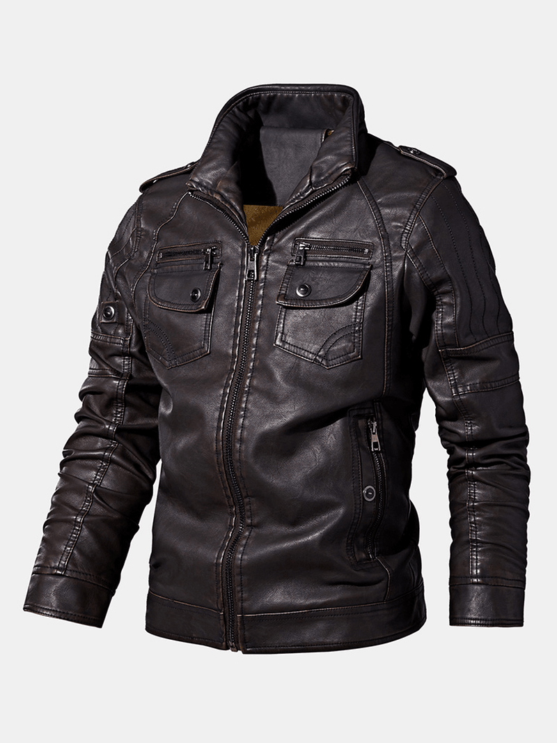 Mens Washed Vintage Multi-Pocket Zipper Lapel Winter Thicken PU Leather Jacket