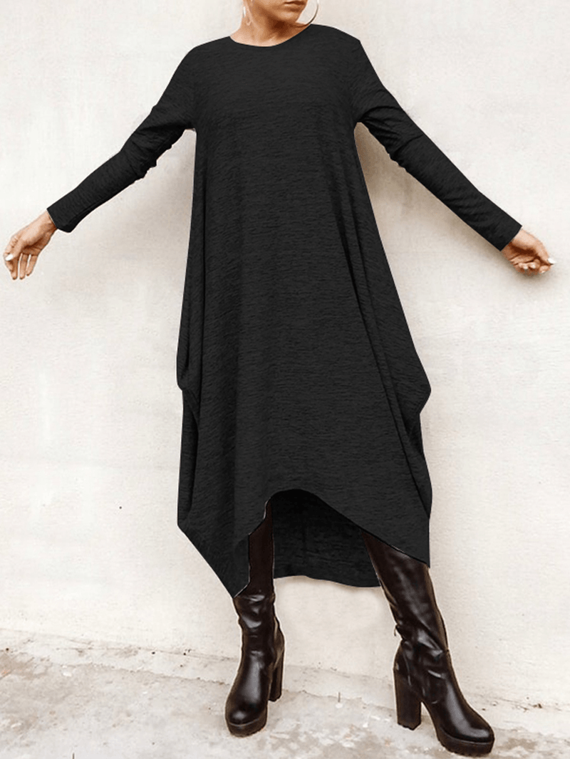 Women's Casual High Low Hem Midi Dress - Loose Fit with Long Sleeves