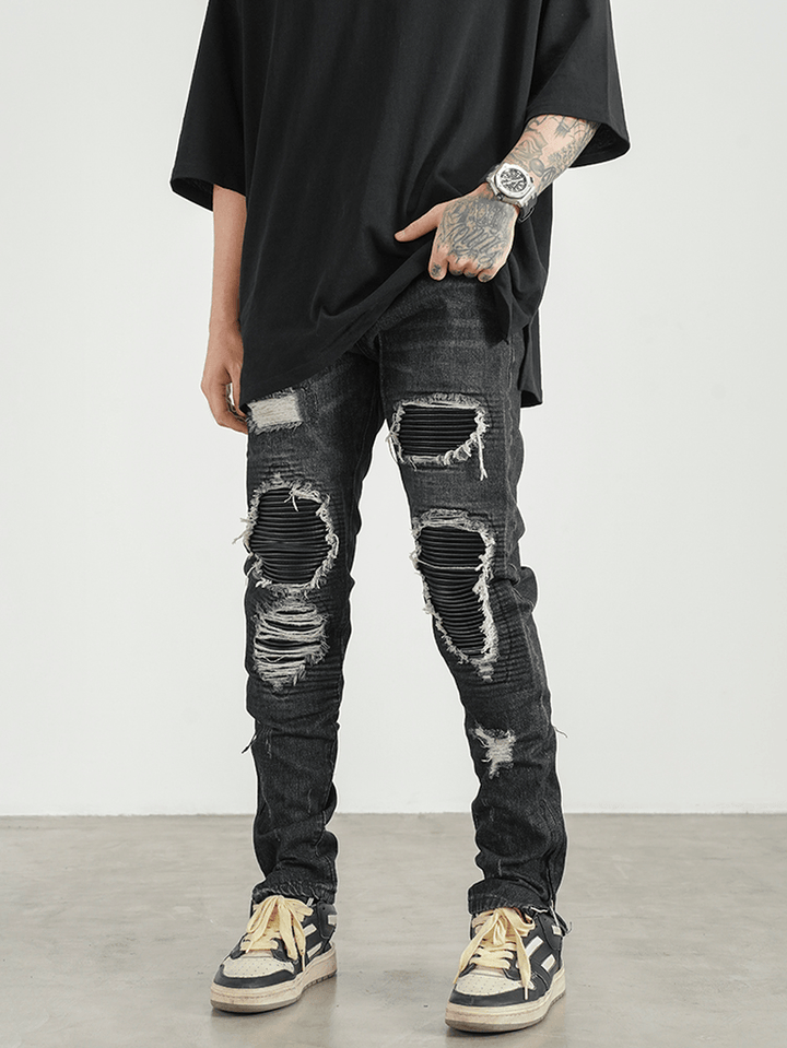 Men Ripped Patch PU and Leather Zipper Jeans