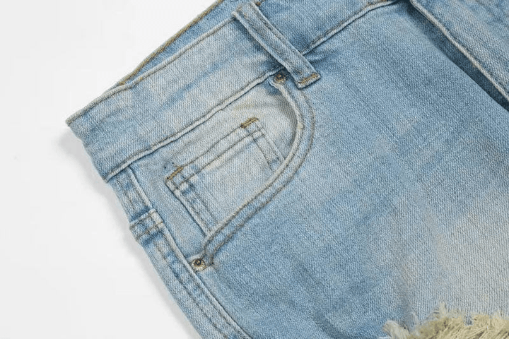 Destroyed Zipper Straps Washed Distressed Jeans