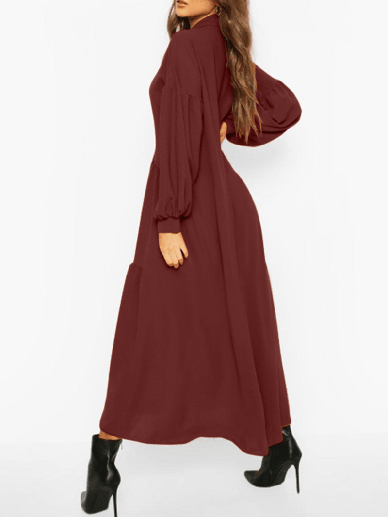 Women Puff Sleeve Solid Pleats Lapel Button Maxi Dresses