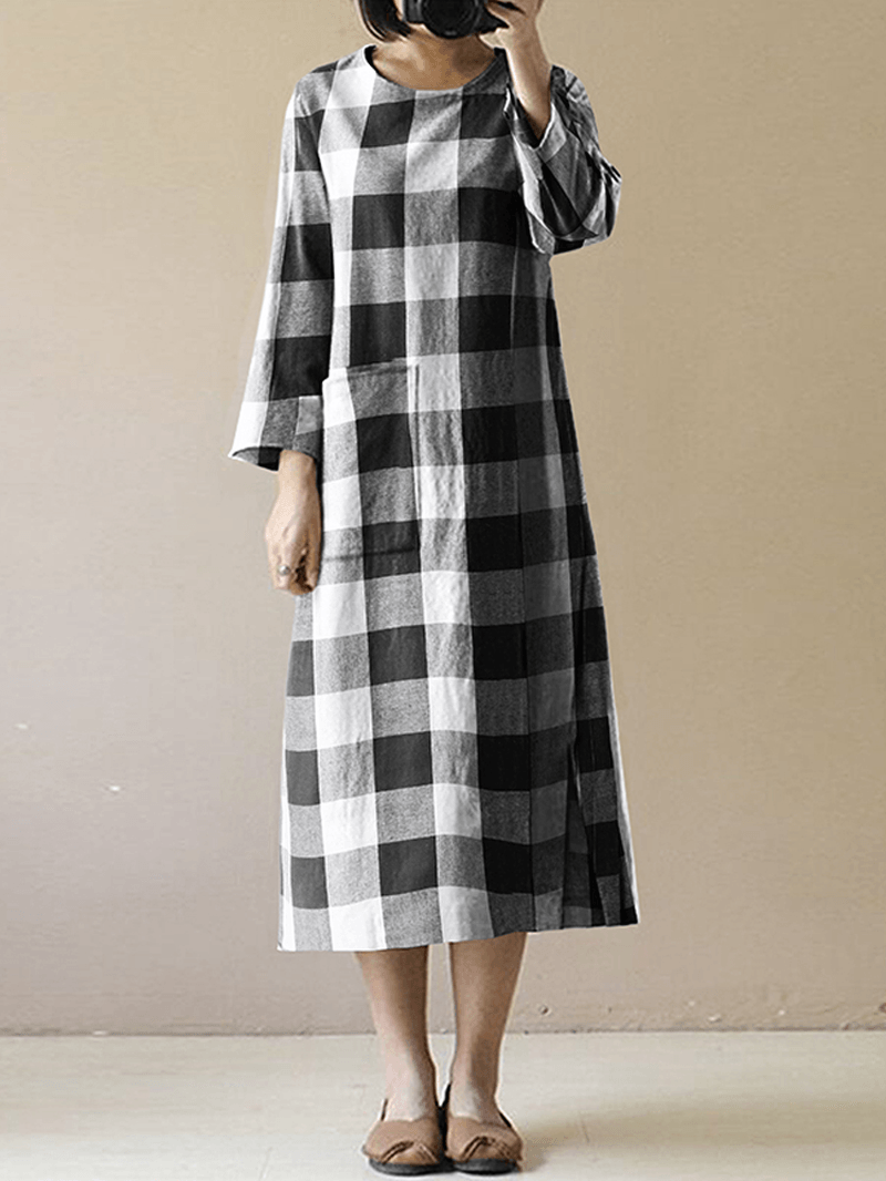 Women Vintage Plaid O-Neck Long Sleeve Splited Midi Dress