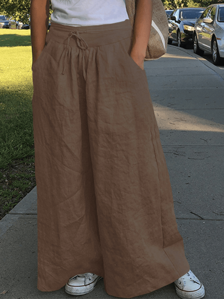 Wide Leg Women Casual Solid Color Loose High Elastic Waist Side Pockets Pants