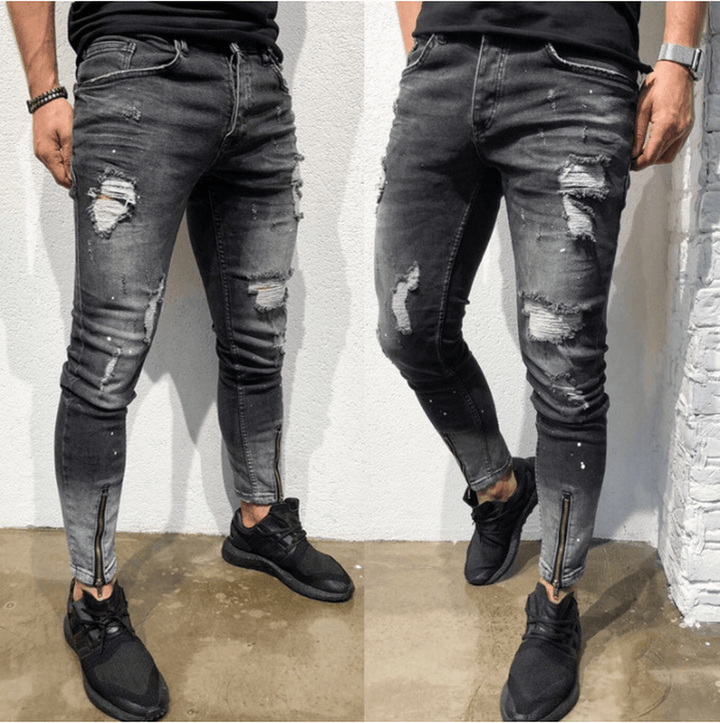 The New Cross-Border Fashion Ripped Youth Clothes Zipper Elasticfeet Js Men