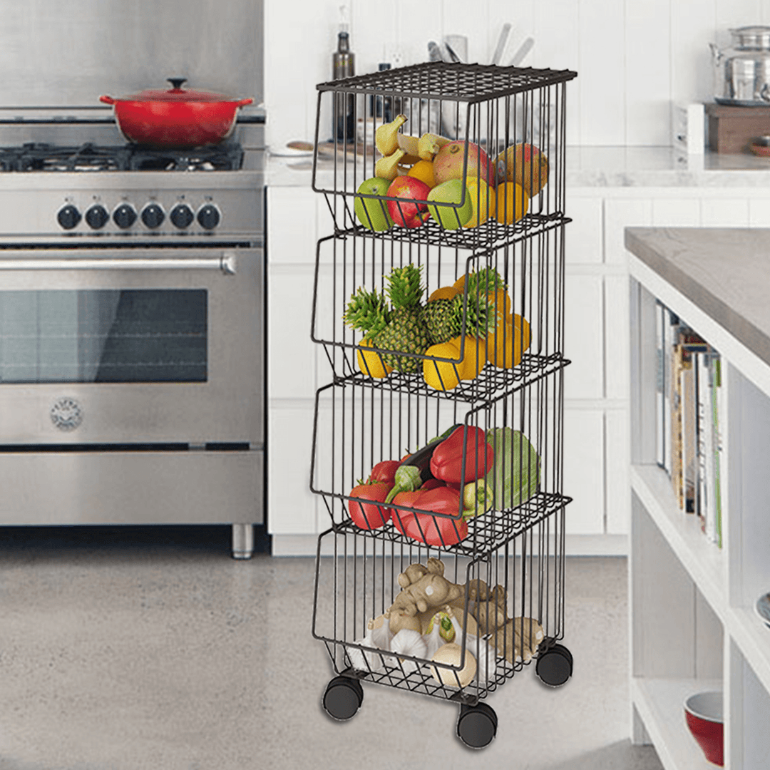 4 Layers Kitchen Storage Shelf Dish Drainer Mobile Rack Desktop Organizer Bookshelf with 4 Universal Wheels