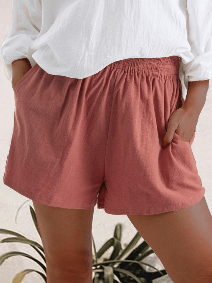 Women Casual Solid Color Elastic Waist Pocket Shorts