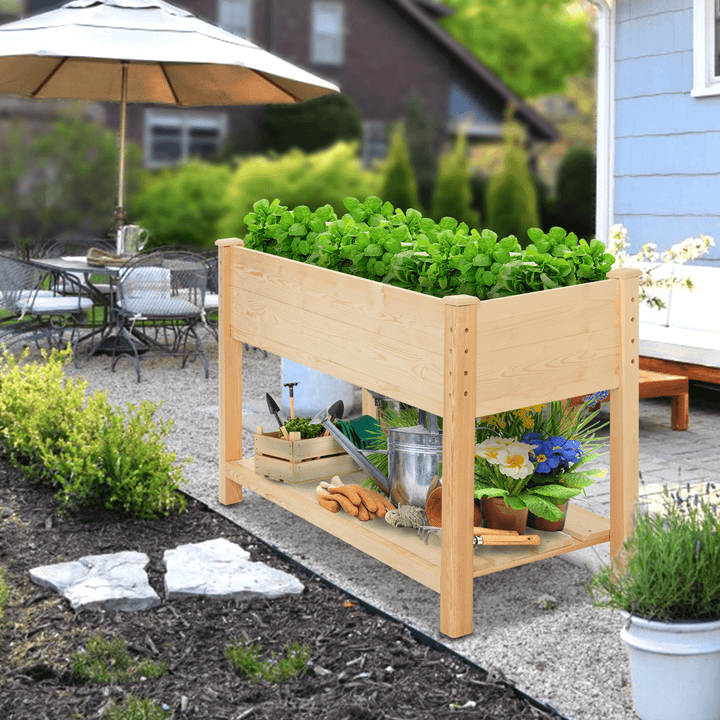 Kingso Raised Garden Bed 4FT Elevated Wooden Planter Boxes Kit Outdoor with Legs Garden Grow Box with Shelves for Vegetable Flower Patio