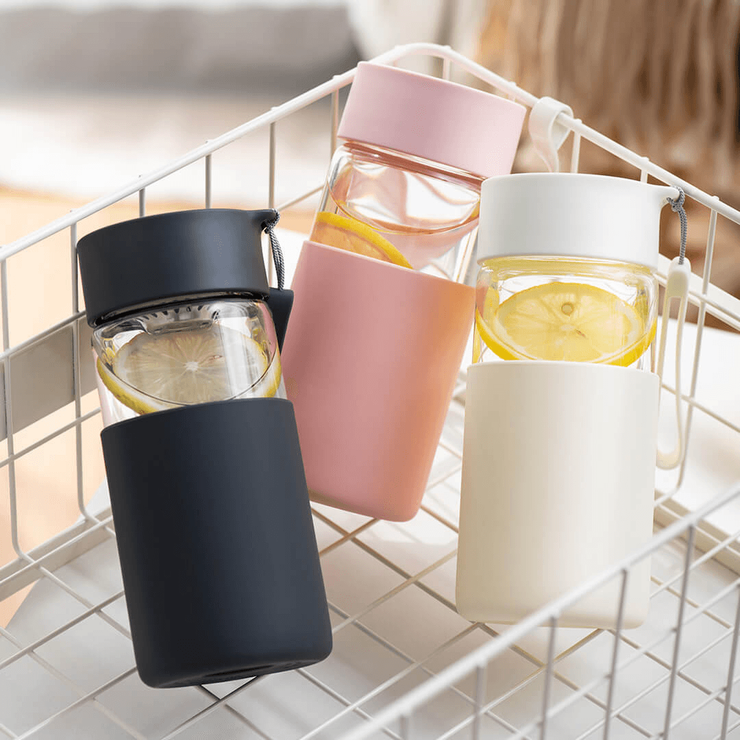 Fun Home 350Ml Glass Water Bottle Insulation Vacuun Cup Drinking Mug with Silicone Cover From