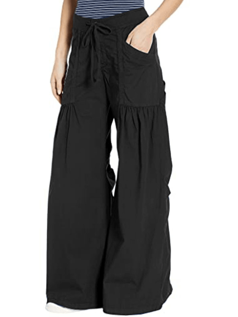 Women Solid Color Elastic Waist Loose Wide Leg Pants with Pocket - MRSLM