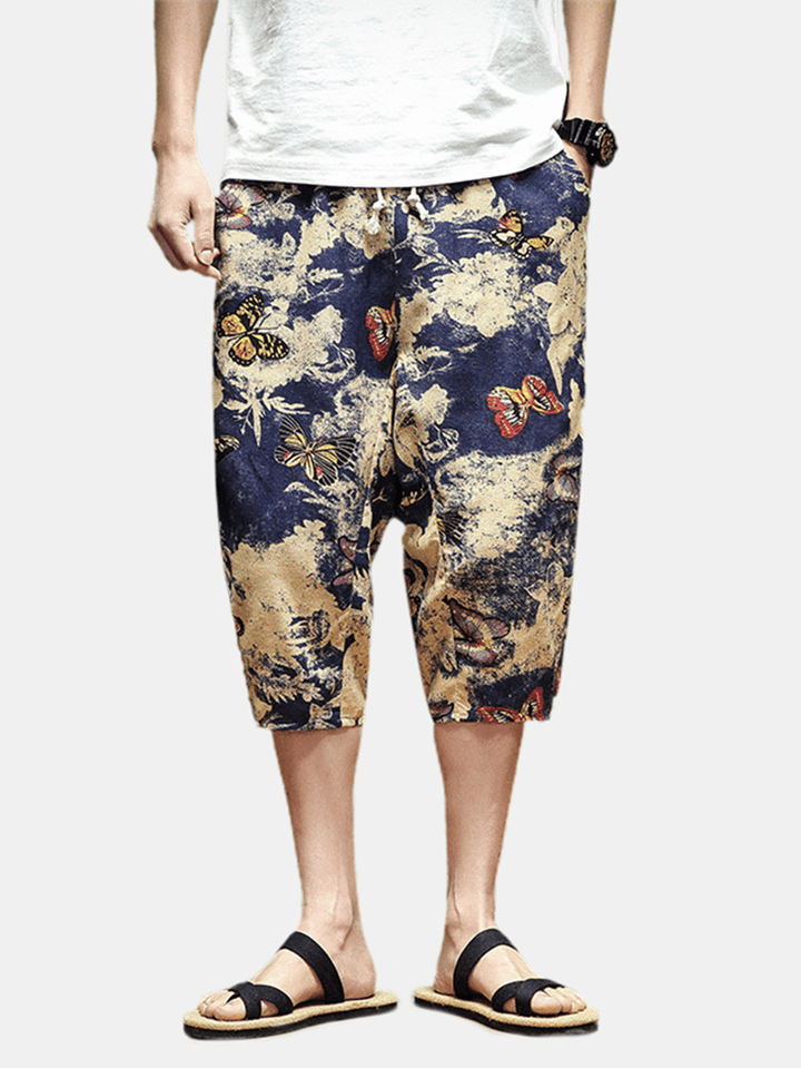 Mens Abstract Print Drawstring Ethnic Style Casual Pants with Pocket