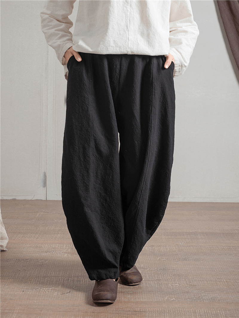 Women Solid Color Elastic Waist Side Pocket Harem Pants for Women - MRSLM