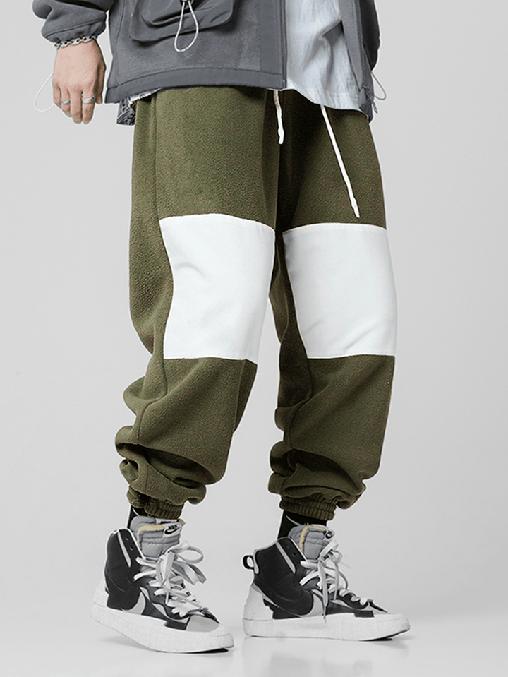 Mens Contrasting Color Patchwork Fleece Drawstring Jogger Pants