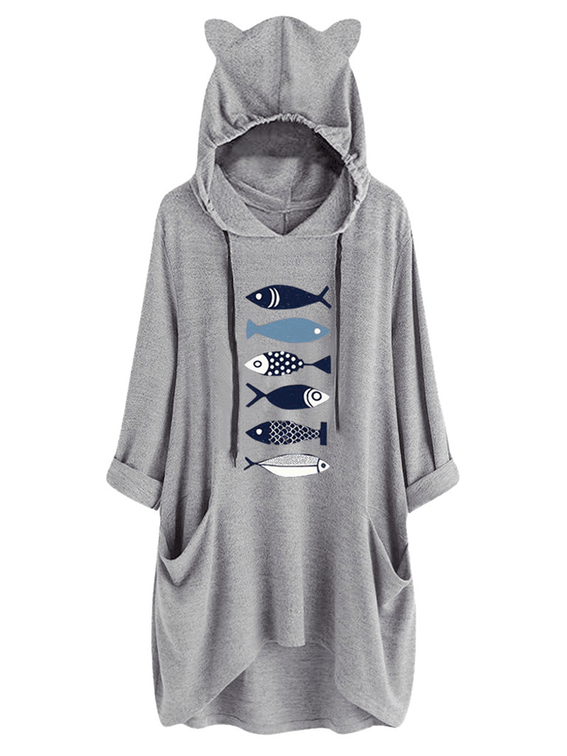 Women Casual Fish Print Hooded Sweatshirt