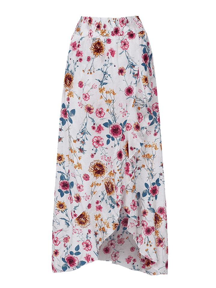 Bohemian Beach Floral Print Elastic Waist Flounce Hem Maxi Skirts