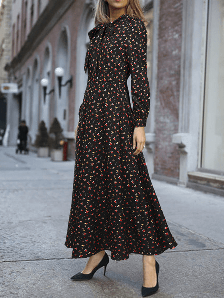 Women Floral Print Lace-Up Long Sleeve Side Zipper Casual Daily Maxi Dress