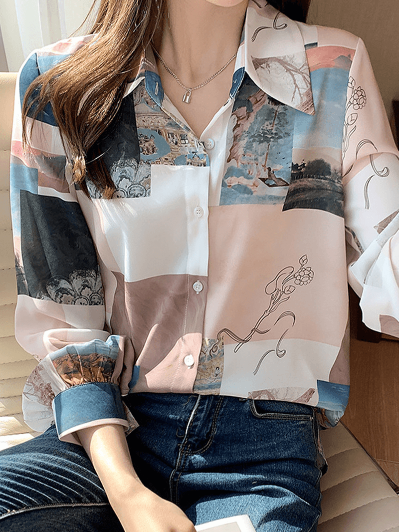 Women Block Landscape Print Long Sleeve Lapel Casual Blouse