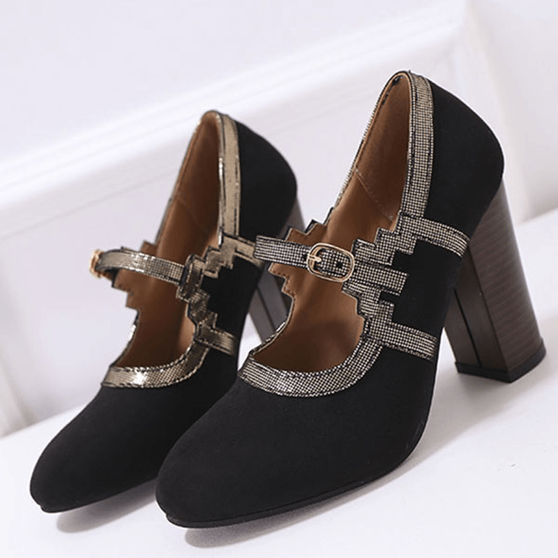 Women plus Size Stitching Chunky Heel Pumps