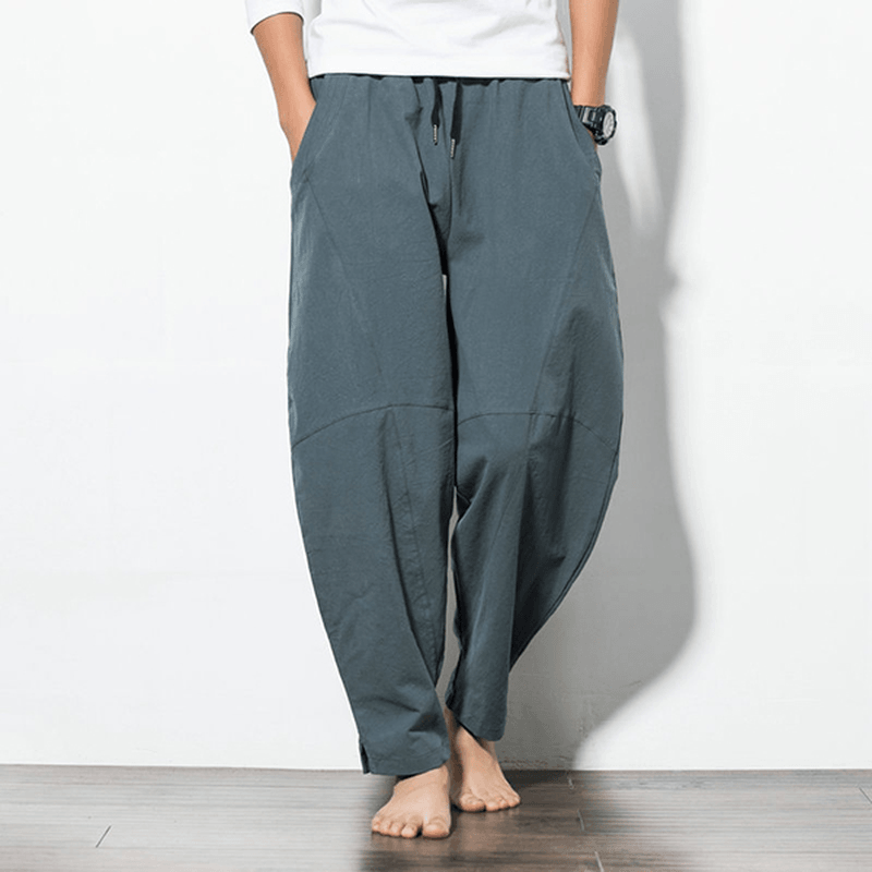 Men'S Loose Wide Leg Pants Solid Color Casual Baggy Breathable Cotton Harem Pants