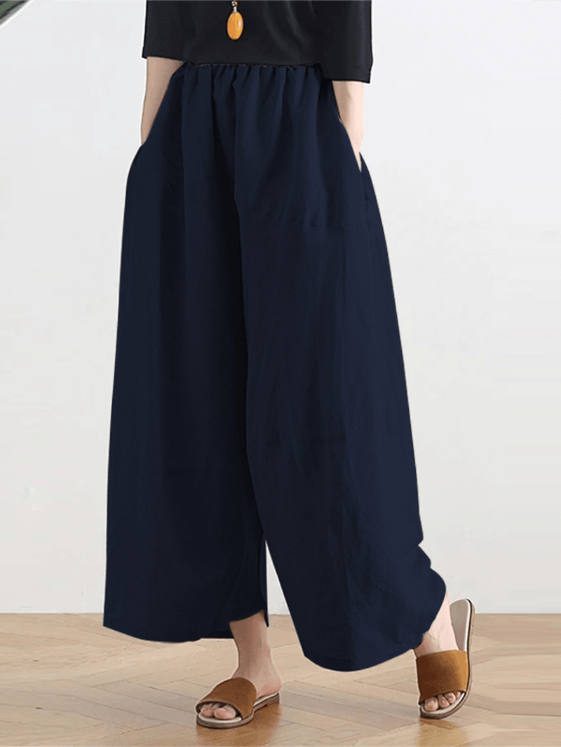 Women Solid Color Patchwork Elastic Waist Casual Wide Leg Pants with Side Pockets