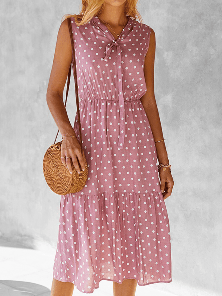 Polka Dot Print V-Neck Sleeveless Knotted Pleated Dress for Women