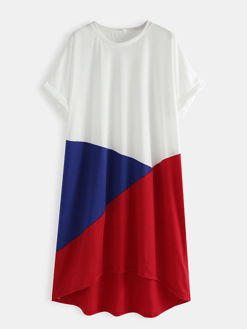 Short Sleeve O-Neck Loose High Low Hem Casual Dress