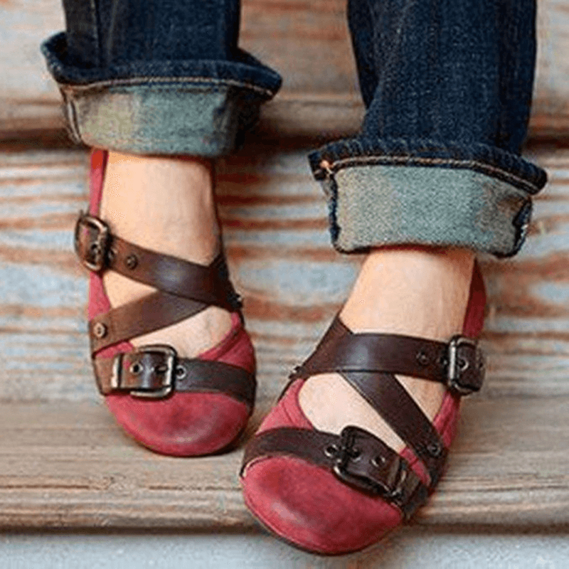 Large Size round Toe Buckle Slip on Casual Flat Shoes - MRSLM