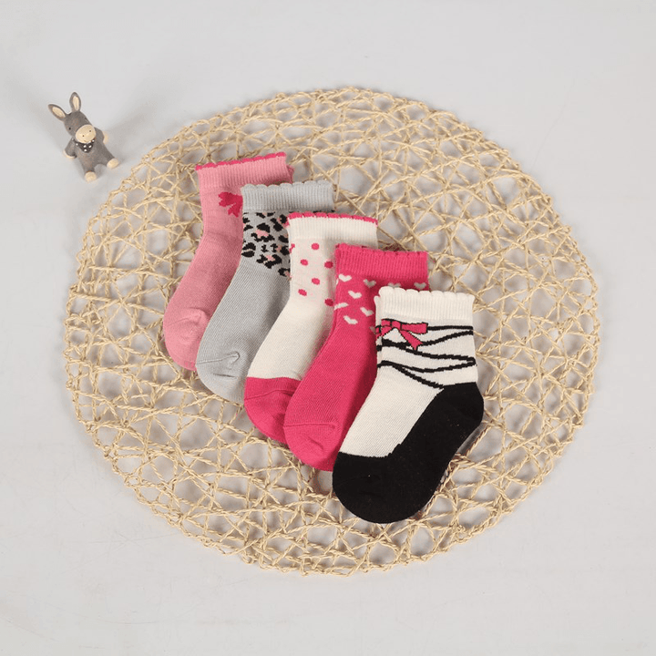 5 Pairs of Children Four Seasons Tube Socks Pink Gray Leopard Print