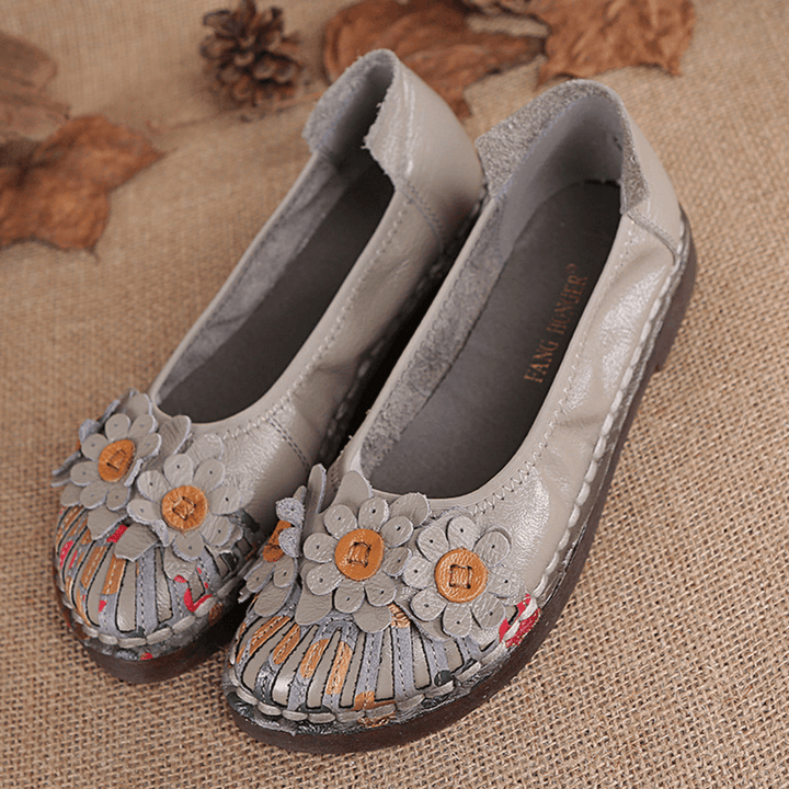 Women Retro Flowers Decor Handmade Stitching Non Slp Soft Sole Loafers