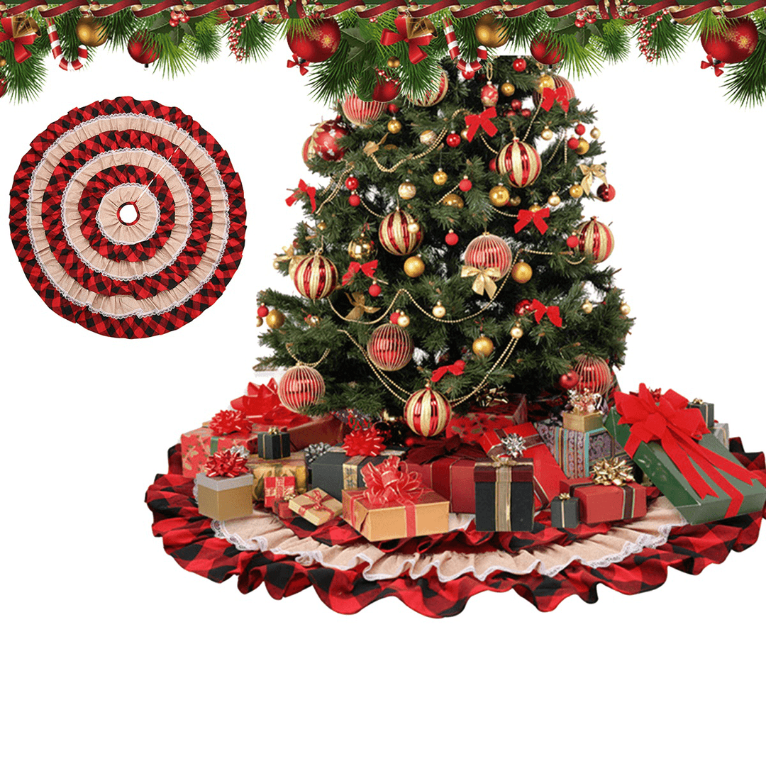 2020 Christmas Tree Skirts Red Cake Plaid Lace Carpet round Linen Apron New Year Blanket Home Parties Decoration