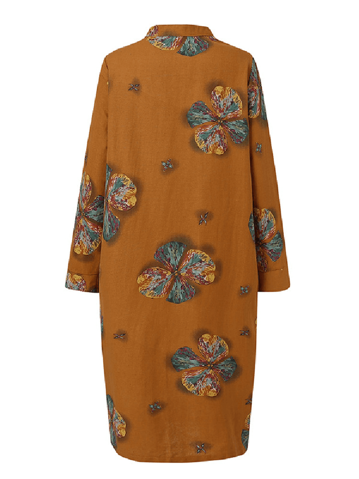 Women Cotton Flowers Print Kaftan Long Sleeve Retro Shirt Dress