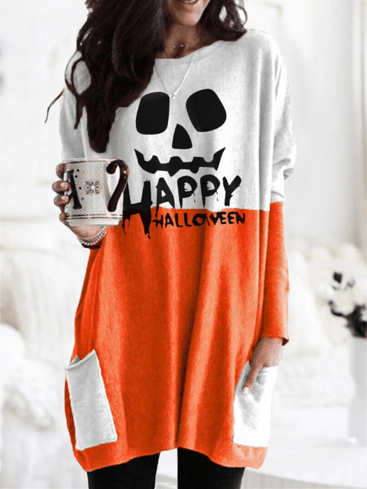 Women Halloween Patchwork Letter Printed Casual Mid-Length Sweatshirts with Pockets - MRSLM