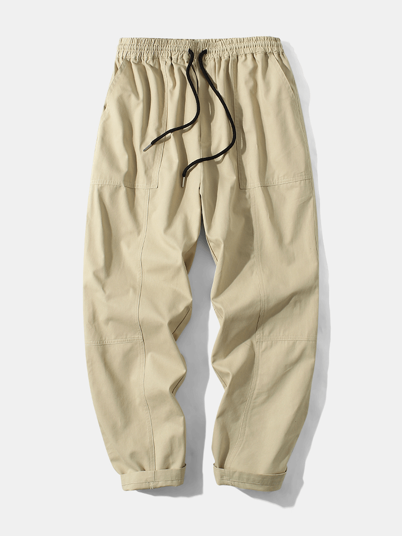 Mens 100% Cotton Solid Color Loose Straight Pants with Pocket