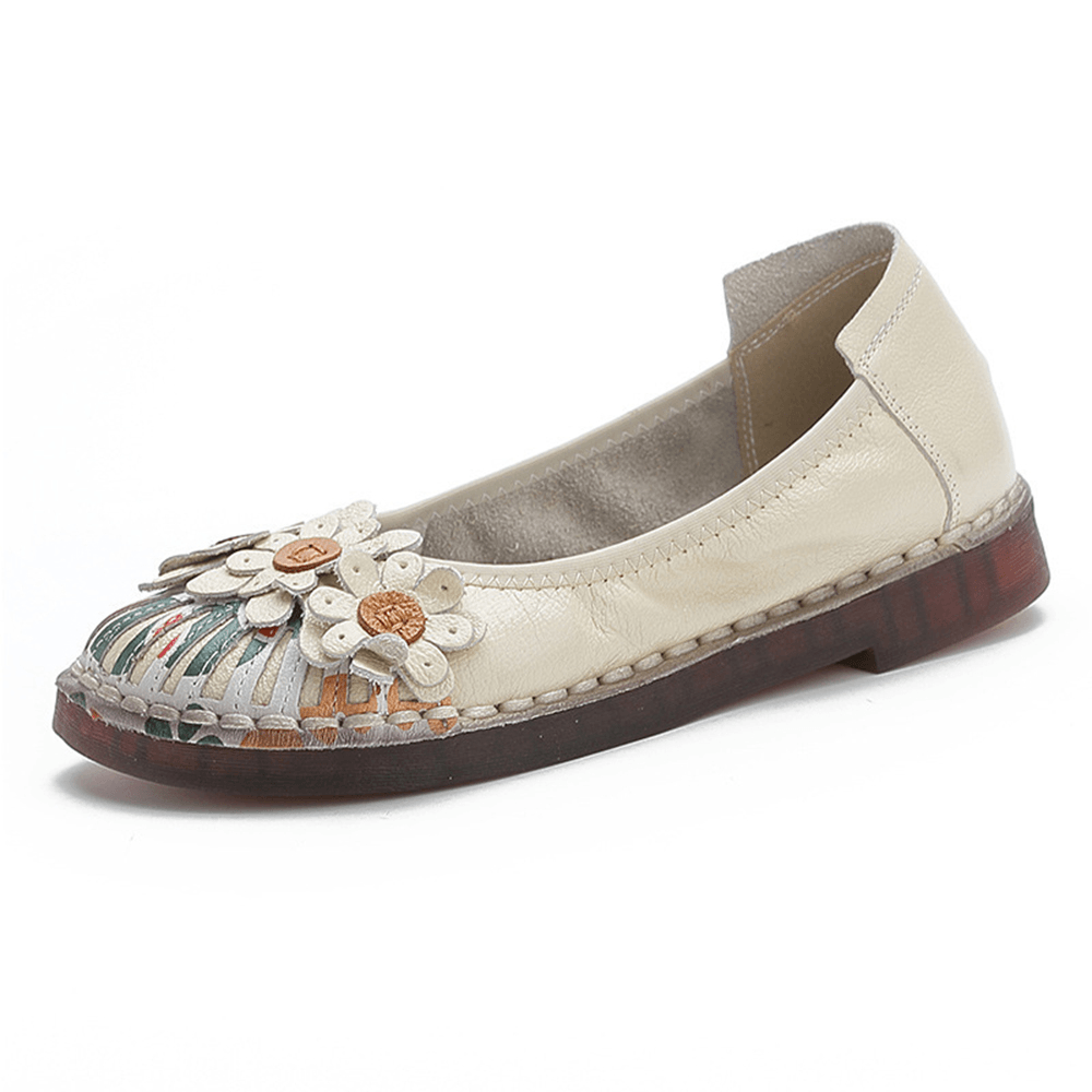 Women Retro Flowers Decor Handmade Stitching Non Slp Soft Sole Loafers