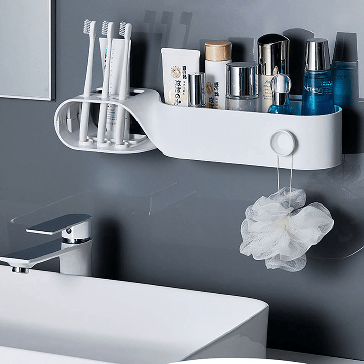 Wall-Mounted S Shape Toothbrush Holder Waterproof Strong Load-Bearing Storage Rack Nail-Free Bathroom Shelf