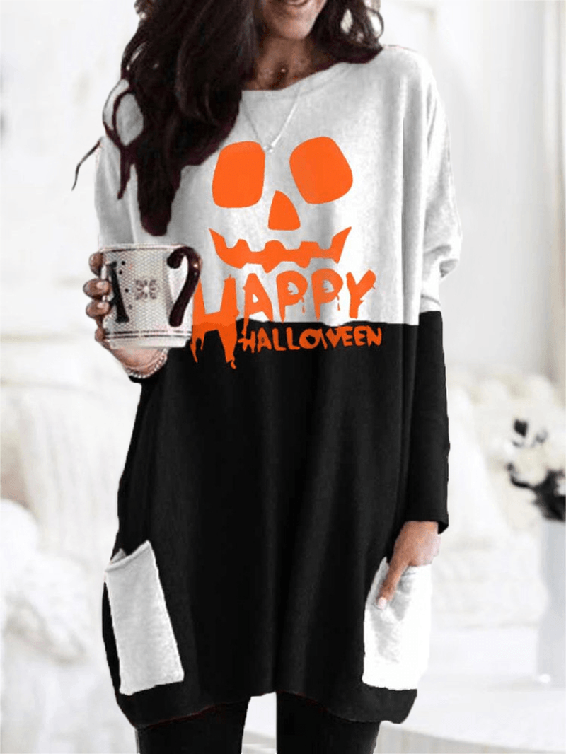 Women Halloween Patchwork Letter Printed Casual Mid-Length Sweatshirts with Pockets