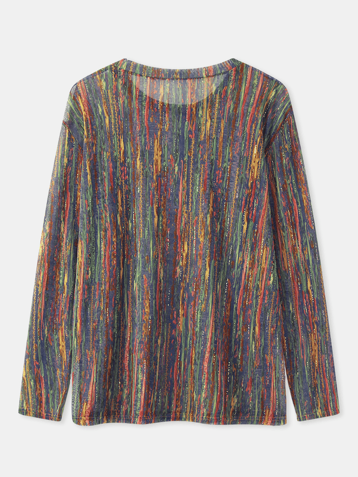 Women Multi-Color Striped Glitter Printed Long Sleeve O-Neck Blouse