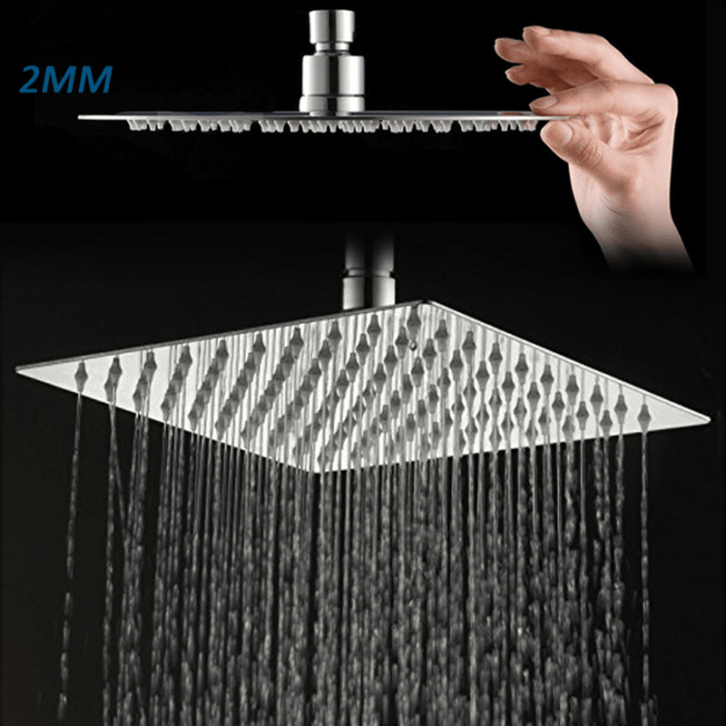 12 Inch 2Mm Thin Pressurized Rotatable Rainfall Shower Head Square Stainless Steel Top Spray Head