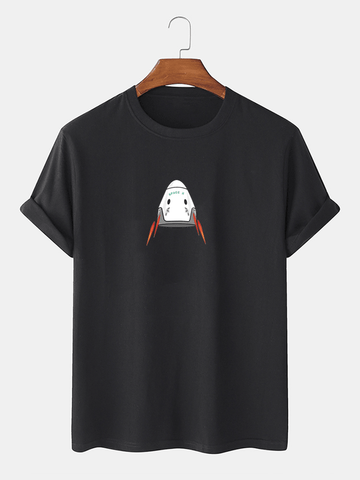 Mens 100% Cotton Spaceship Printed round Neck Casual Short Sleeve T-Shirts