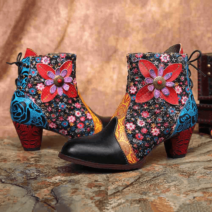 Women Retro Leaf Flower Leather Comfy Zipper Ankle Boots