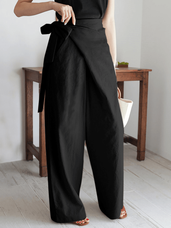 Women's Asymmetrical Bandage Design Wide Leg Pants - Solid Color, Breathable Fabric